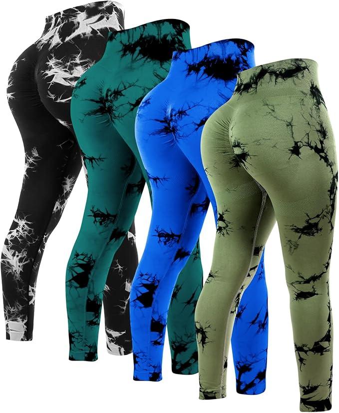 Mumucove 4 Pcs Womens Workout Leggings Tie Dye High Waisted Yoga Pants Seamless Scrunch Butt Lifting Compression Tights(Black, Royal Blue, Dark Green, Army Green,L)