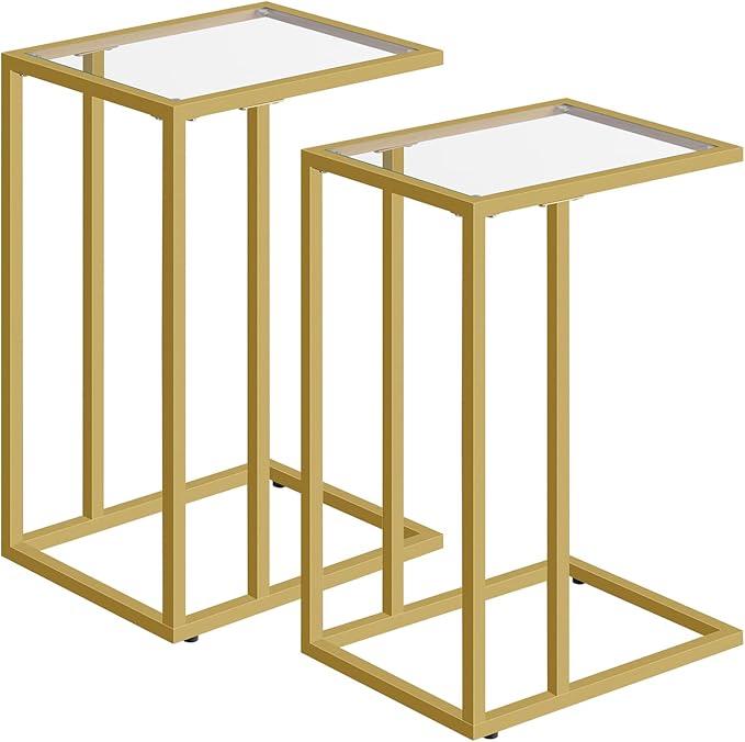 HOOBRO C Shaped End Table, Set of 2, Glass Side Table with Metal Frame, Gold Coffee Table for Small Space, Modern Style, for Living Room, Gold GD03SFP201