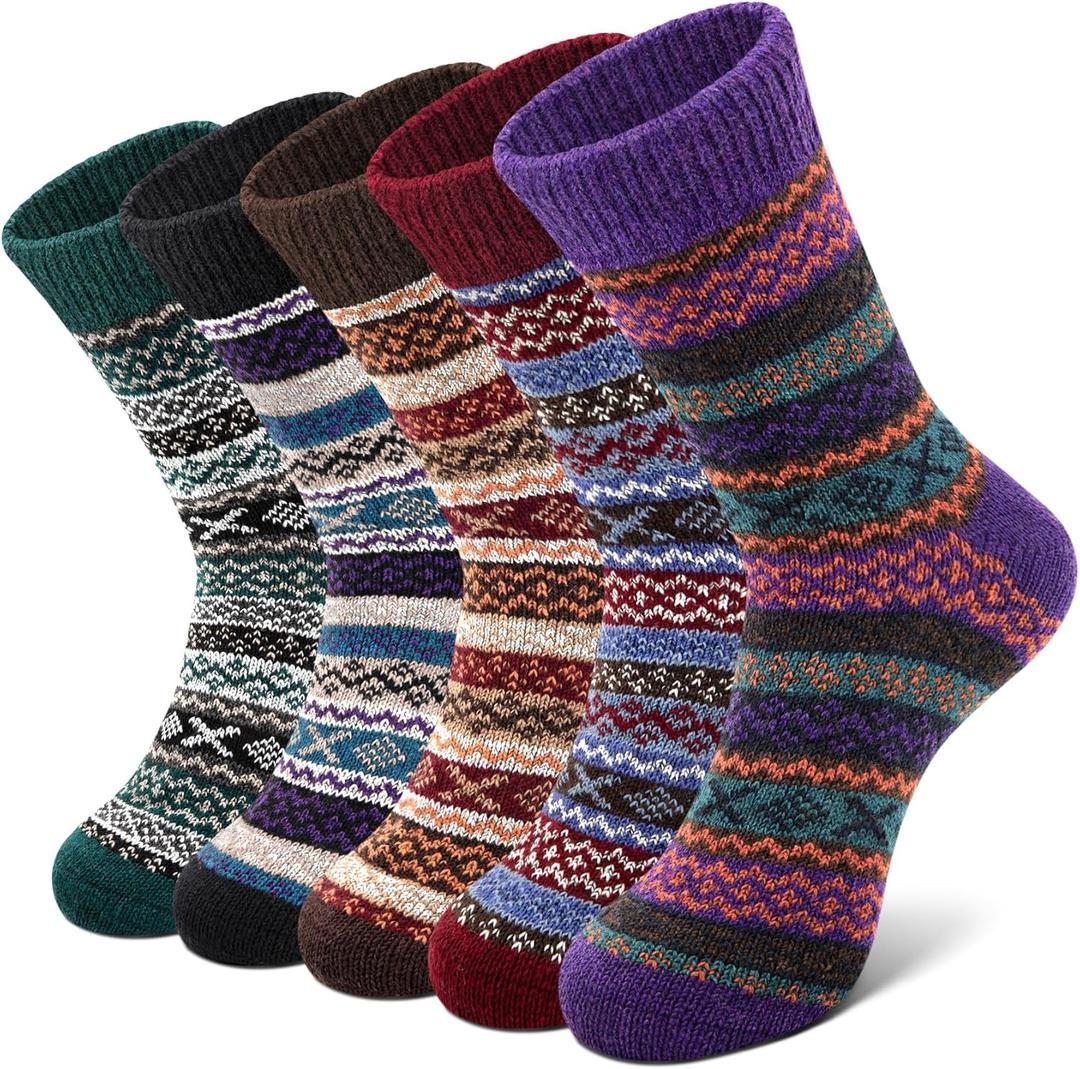 YSense Wool Socks for Women, Winter Boot Socks Stocking Stuffers Gifts for Women Warm Crew Hiking (Large, Red Black Purple Dark Green Brown Dark)