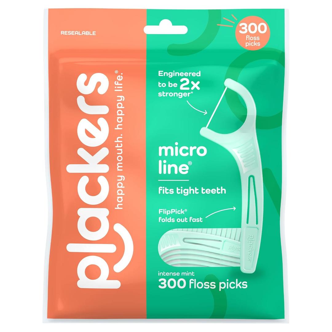 Plackers Micro Line Floss Picks - Intense Mint, Floss Fiber Made Without PTFE, 300 Count