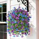 Artificial Flowers Hanging Baskets, 4 Bundles Outdoor Hanging Basket Spring Summer Decoration, No Fade Realistic Fake Flowers Plants for Porch Patio Balcony Home Yard Decor(Purple Blue)