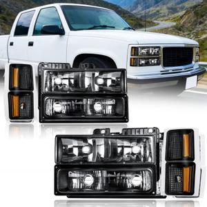 Headlights Assembly for 1994-1998 Silverado & 1994-1999 Chevy Tahoe Suburban C10 C/K 1500 2500 3500 Black Housing Amber Reflector
