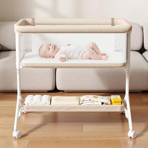 Taylengrow Baby Bassinet Bedside Sleeper - All-Mesh Design, Portable Bedside Bassinet for Baby with Washable Mattress, 5 Adjustable Height (Beige）
