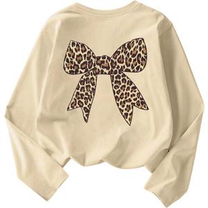 SOLY HUX Girl's Long Sleeve T Shirts Leopard Bow Graphic Tees Crew Neck Tops Fall Clothes Apricot Graphic 11Y