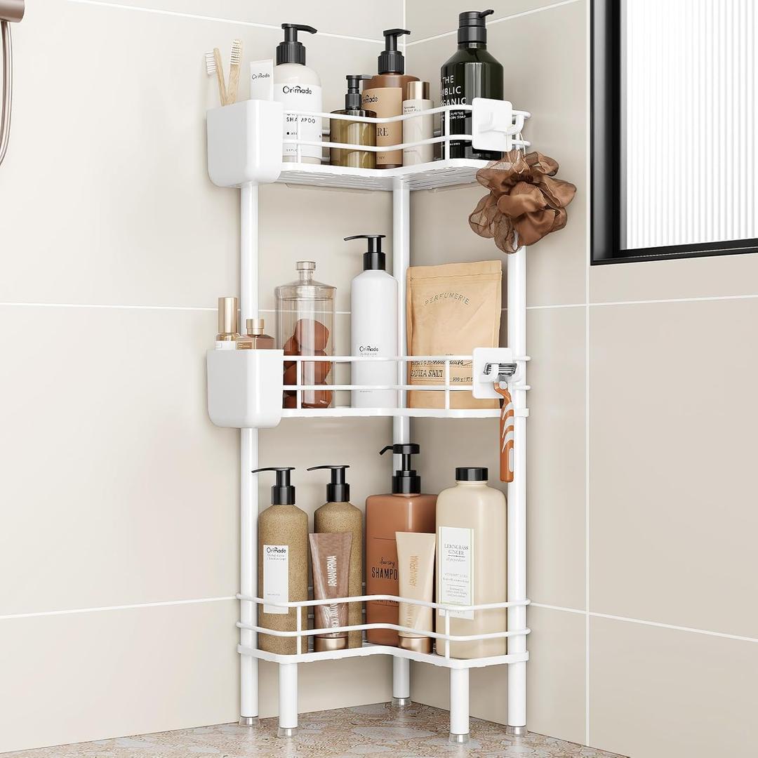Orimade Rustproof 3 Tier Floor Standing Corner Shower Caddy Organizer with Toothbrush Holder, Large Spacing Floor Shower Shelf Rack Storage Stands with Hooks for Bathroom Kitchen, White
