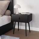 Nightstand Set of 2 with Single Drawer, Leather Side Table, Modern Bedside Table with Metal Legs for Bedroom, Small Accent End Table, Black