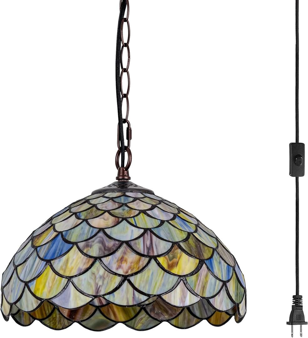 Tiffany Style Stained Glass Pendant Light Plug in, 12" Wide Fish Scale Design Hanging Lamp, 60 Inch Chain 15 Feet Cord Living Dining Room Bedroom Kitchen Home Office