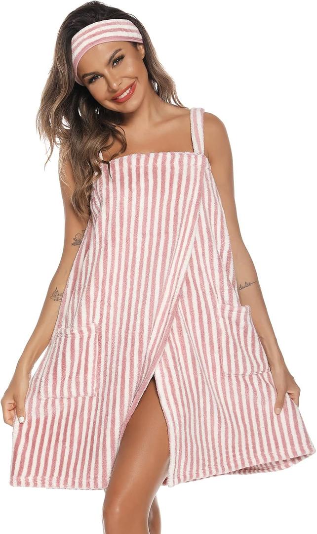 Veseacky Women Bath Wrap Towel for Womens Shower with Pocket Adjustable Spa Robe & Facial Headband (Large, Pink Stripe)