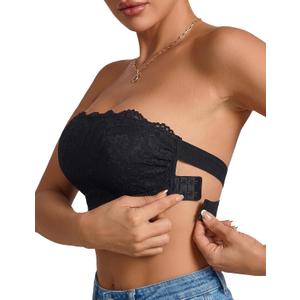 Strapless Bra Women's Lace Bra Wireless Bandeau No Slip Silicone Grip Everyday Bra Lingerie (Black, S)
