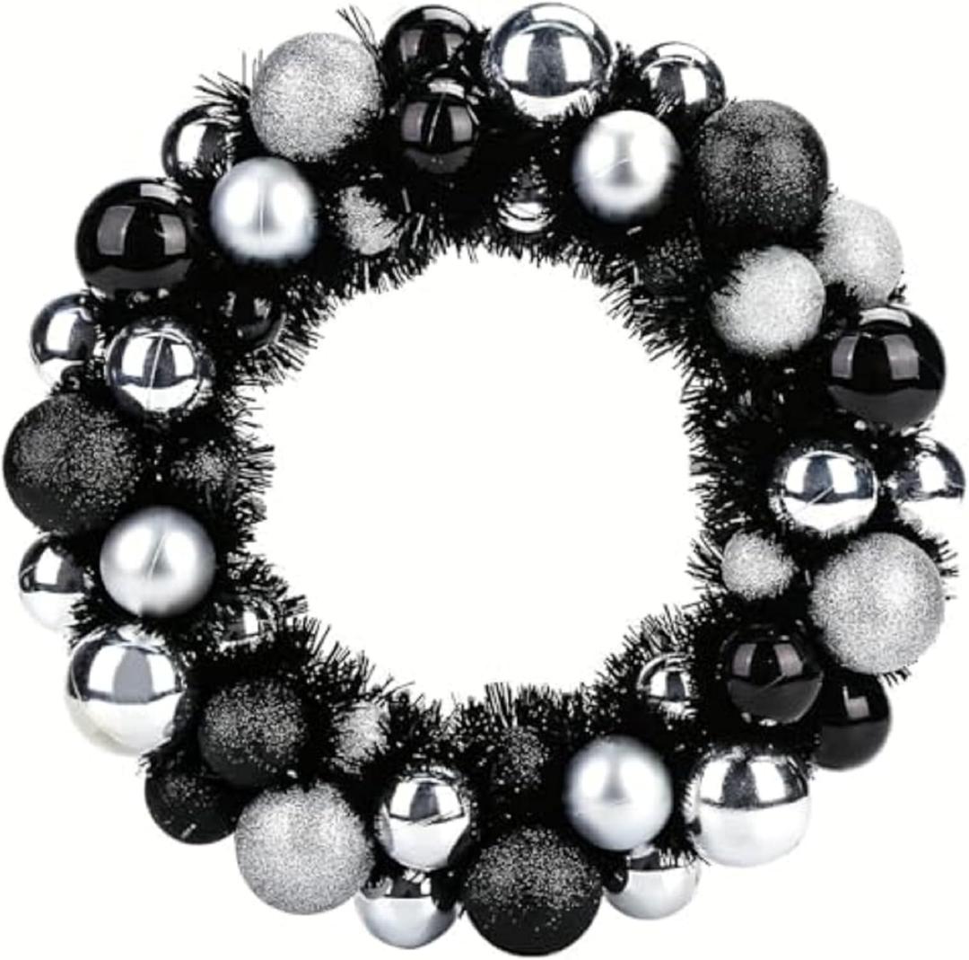 NJN 13in/33cm Christmas Ball Wreath Ornament, Black Silver Christmas Decoration, Home Party Front Door Decorative Shatterproof Hanging Xmas Decors