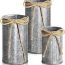 Zonon 3 Pcs Farmhouse Vase Decor with Twine Bow 4.33" Galvanized Flower Bucket 5.91" Metal Pots 7.09" Rustic Decorated Vases for Artificial Flowers Home Table Weddings Decor (Black)
