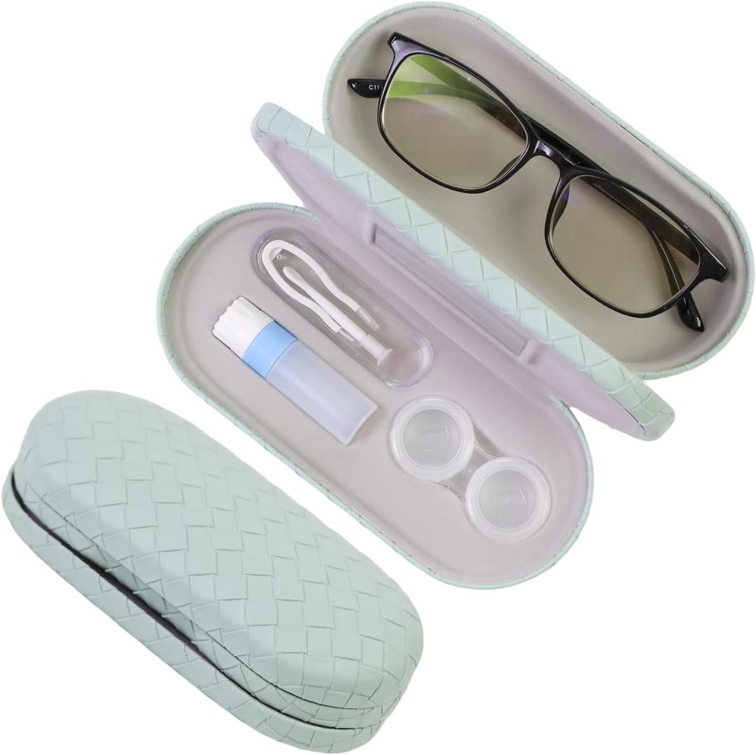 2 in 1 Contact Lens Case and Eyeglasses Case for Women Men Kids, Double Sided Hard Shell Portable Glasses Travel Holder with Built-in Mirror, Contact Lens Box Storage Kit, Green