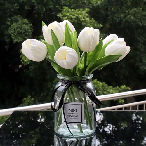 grtefhu 10pcs Fake Faux Tulips in Vase,Silk White Tulipanes Tulips Artificial Flowers Real Touch Arrangements with Vase for Desk Table Decoration Home Decor