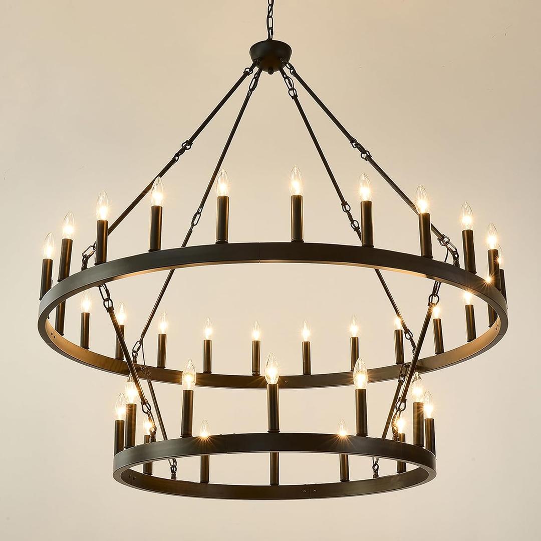 HHR 2 Tier Wagon Wheel Chandelier 36-Light 48 Inch, Extra Large Black Round Rustic Candle Farmhouse Pendant Light Fixture for High Ceilings, Dining Room Living Room Kitchen Island Foyer Entryway
