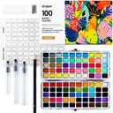 Grabie 100 Colors Watercolor Paint Set - 50 Regular, 35 Metallic, 10 Macaron and 5 Fluorescent Colors - Portable with Carrying Case, Water Brush Pens, and Accessories - For Beginners and Professionals