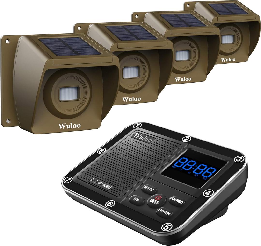 Wuloo Solar Driveway Alarm Wireless Outside 1800ft Range, Outdoor Motion Sensor & Detector Driveway Alert System with Rechargeable Battery/Weatherproof/Mute Mode(1 & 4-Brown)
