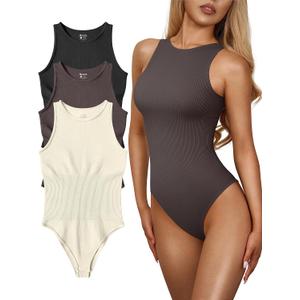 OQQ Women's 3 Piece Bodysuits Sexy Ribbed One Piece Sleeveless Halter Neck Tops Leotard Summer Trendy (Large, Black Tea Leaf Beige)