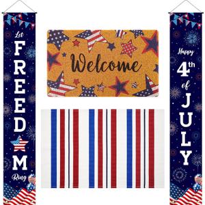 Hahafelt 3 Pcs 4th of July Door Mat and Door Banner Set Welcome Red White and Blue Striped Rug Independence Day Banners Patriotic Decorations for 250 Anniversary Home Holiday Decoration