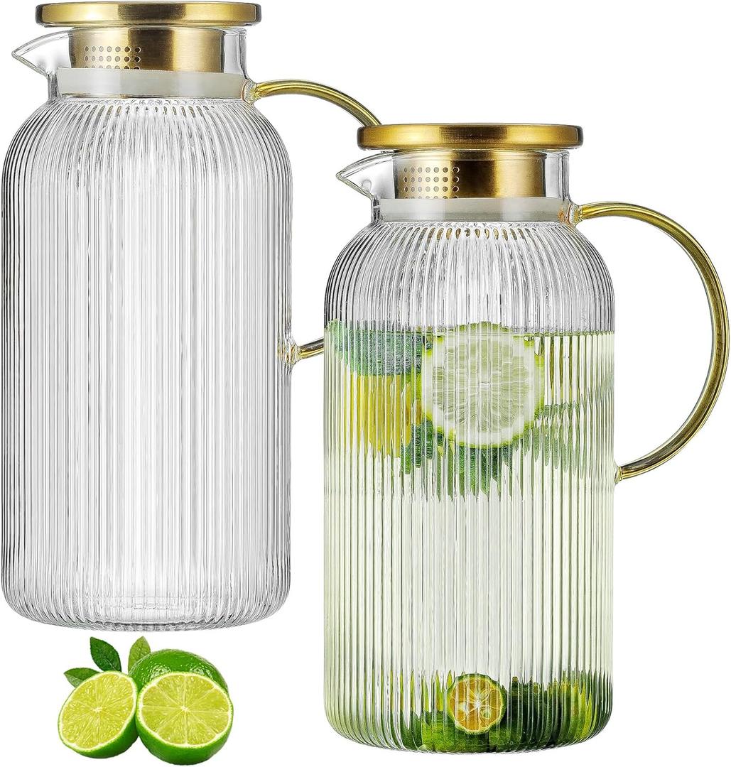 2 PACK Glass Pitcher with Lid, 84oz/2.5L Liter Classic Vertical Stripes Water Pitcher,Glass Water Carafe for Cold Brew, Coffee, Lemonade, Iced Tea,Sun Tea, Beverage, Heat Resistant (Clear)