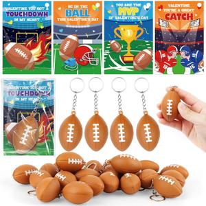 Hxezoc 24 Pieces Valentine's Day Cards Mini Squeeze Footballs with Valentine's Cards Bulk, Stress Sports Ball Keychain, Valentine's School Classroom Exchange Gifts for Kids Valentine Prizes Supplies