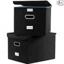PRANDOM File Organizer Box - Set of 2 Collapsible Decorative Linen Filing Storage Hanging File Folders with Lids Office Cabinet Letter Size Black (15x12.2x10.75 inch)