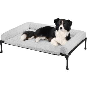 Veehoo Cooling Elevated Dog Bed Add Removable Deluxe Rose Plush Bolster Cushion Mat, 41" x 27" Washable Dog Couch Bed, Raised Pet Cot with Breathable Teslin Mesh, No-Slip Feet, Grey, CWC2439B