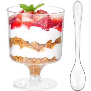Zezzxu 5 oz Mini Dessert Cups with Spoons, 40 Pack Small Dessert Cups Plastic Footed Goblet Glasses for Serving Trifles, Appetizers, Puddings, Mousse, Parfait