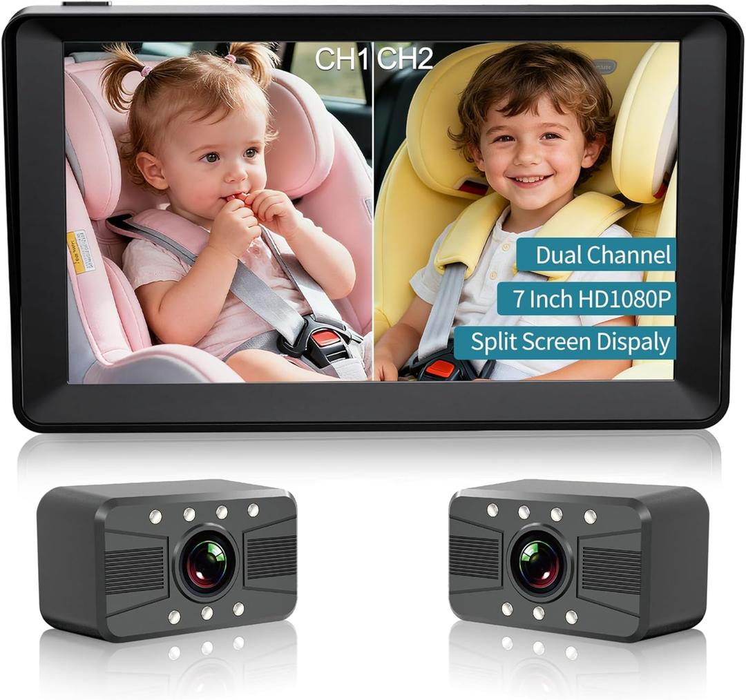 Dual Baby Car Camera, 7" 1080P Split Screen Baby Car Monitor with Night Vision, Rear Facing Car Seat Camera for 2 Kids Newborn Toddlers Travel Safety (black1)