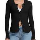 Abonlen Womens Cardigan Lightweight Waffle Knit Long Sleeve Button Down Shirts Fitted Going Out Tops (Black, L)