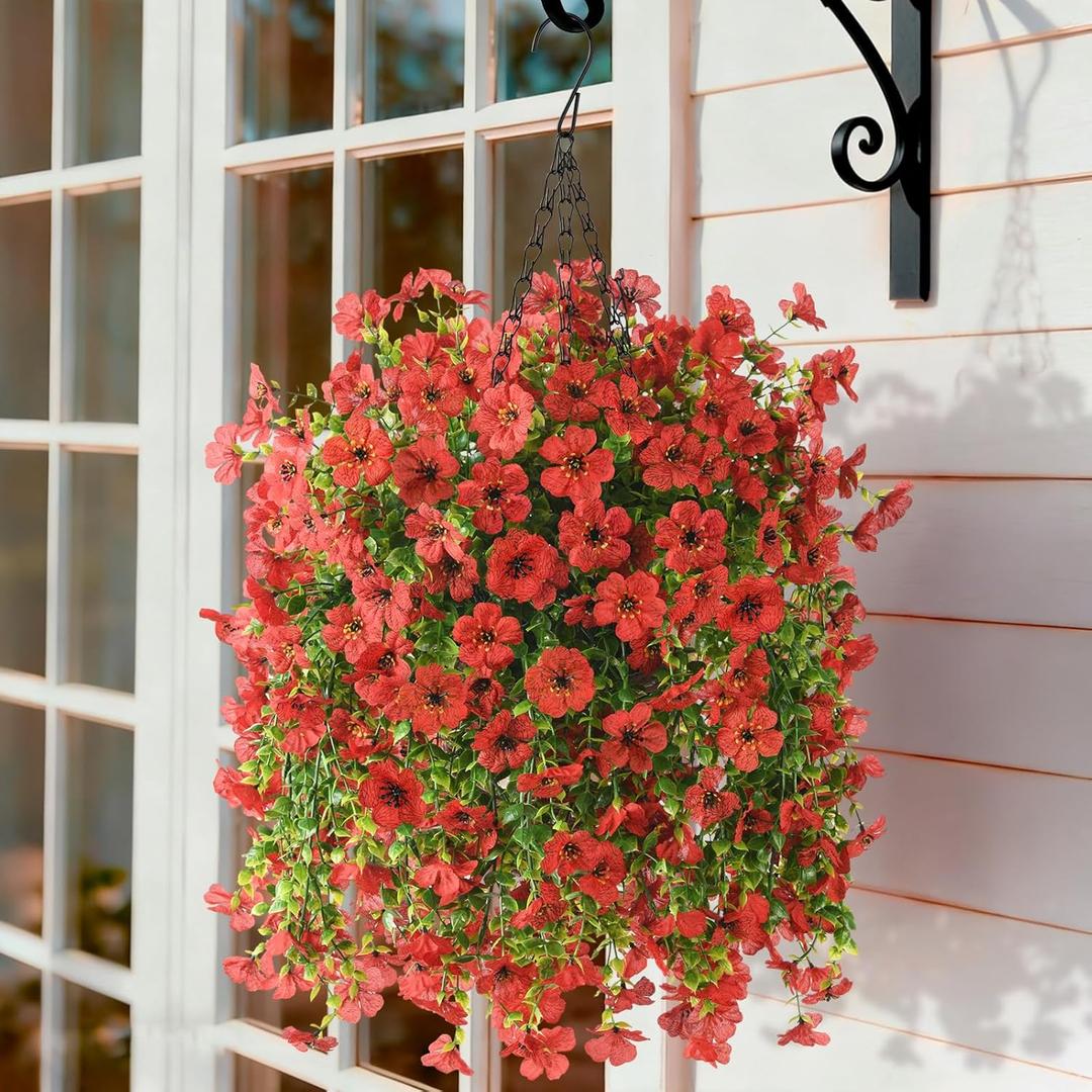 Artificial Flowers Hanging Baskets, 4 Bundles Outdoor Hanging Basket Spring Summer Decoration, No Fade Realistic Fake Flowers Plants for Porch Patio Balcony Home Yard Decor(Red)
