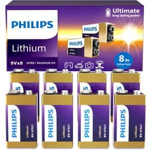Philips 9V Batteries Lithium 9 Volt Battery 8 Pack Ultra Long Lasting 9V Battery for Household and Office Devices Smoke Detector (Non-Rechargeable)
