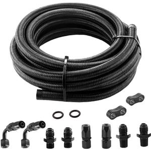 6AN Automatic Transmission Cooler Kit Compatible with 4L60E 4L65E - Nylon Braided Fuel Line Hose Kit with Separator Clamp - 15FT Black