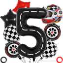Race Car 5 Balloons, 40 Inch Racetrack Number 5 Balloon, Large Foil Mylar Racetrack Black 5 Balloon for 5 Year Old Birthday Race Car Themed Party Decoration