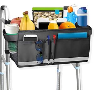 Aliseniors Walker Basket Walker Accessories for Folding Walker with Water Cup Holder - Multi Pockets Basket for Walker for Seniors - Big Capacity & Never Tipping Over Walker Bag (Black)