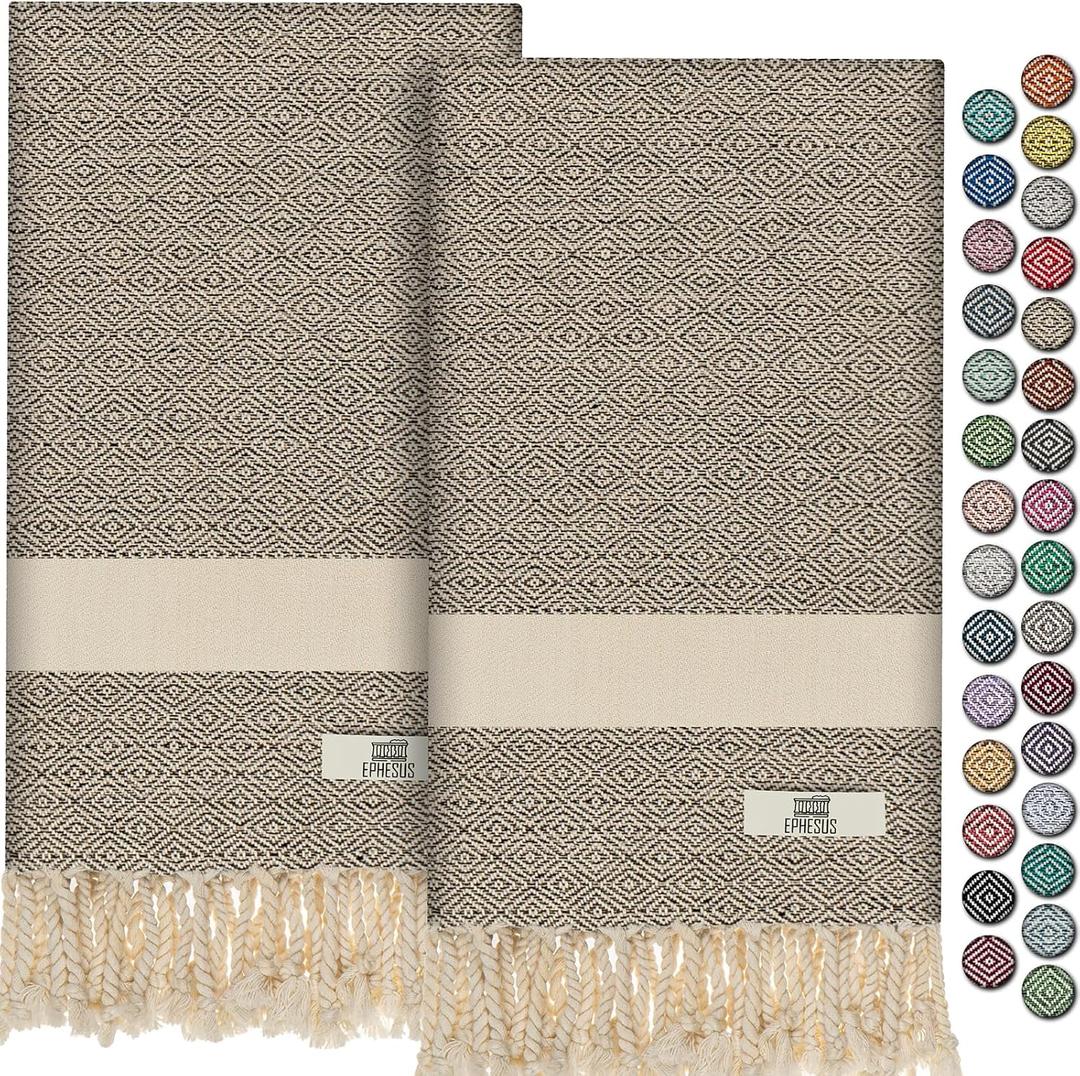 EPHESUS TOWELS Turkish Hand Towels - Set of 2 | 18" x 30" Decorative Boho Guest Bath Towel for Bathroom, Kitchen, Face, Hair, Tea, Dishcloth (Diamond, Beige)