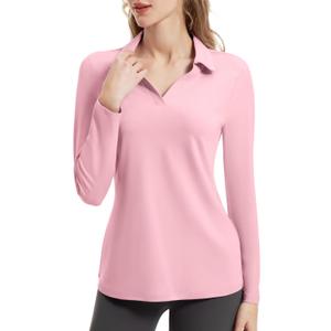 FKEEP Women's Tennis Golf Shirt Long Sleeved Top Sport Activewear V-Neck Workout Athletic (Pink, L)