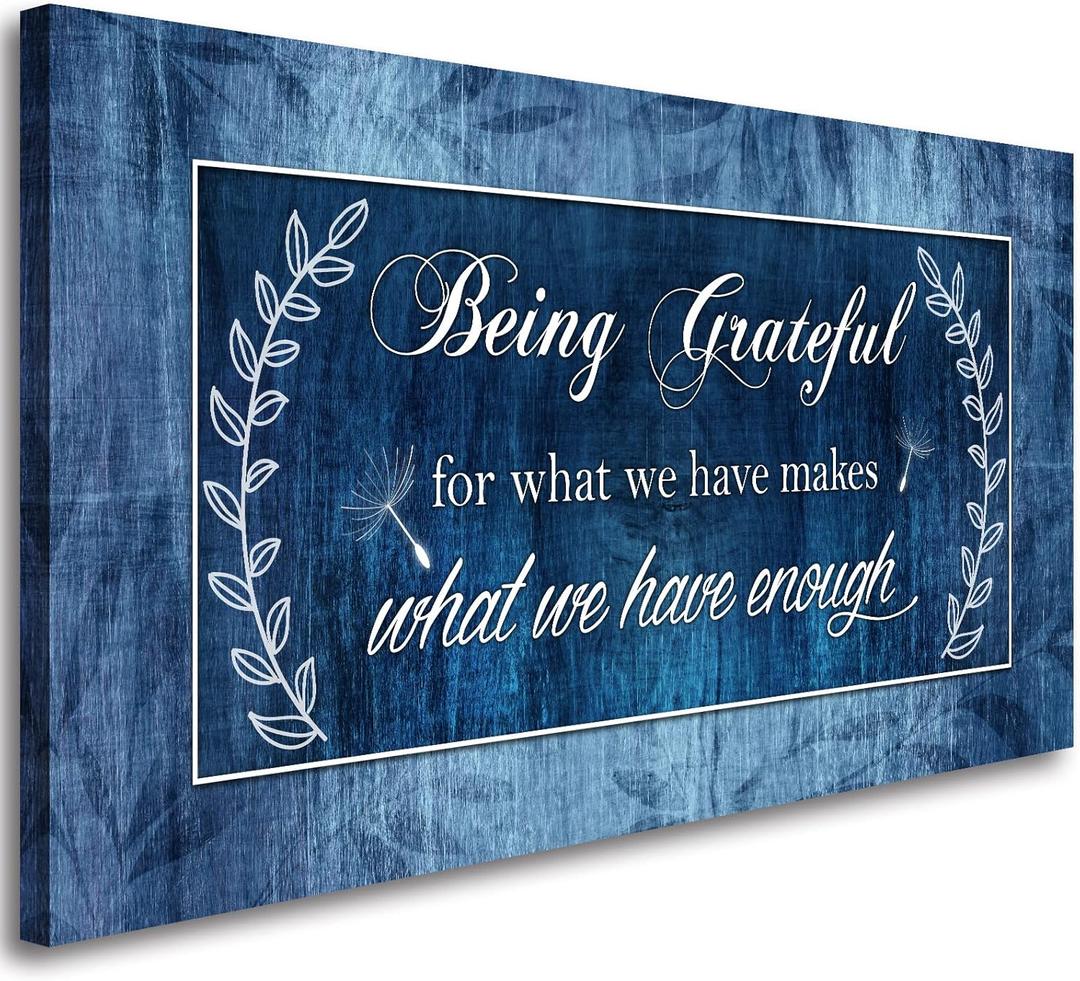 Being Grateful Canvas Wall Art for Living Room-Navy Blue Wall Art-Inspirational Canvas Painting Motivational Positive Quotes Wall Picture Retro Artwork for Bedroom,Dining Room,Farmhouse,Home Decor (40L" x 20W")