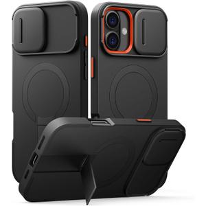 SURITCH for iPhone 16 Case with Magnetic Camera Slide Cover and Adjustable Kickstand, Compatible with MagSafe, Shockproof Bumper Case Slim Protective Cover 6.1 Inch, Black