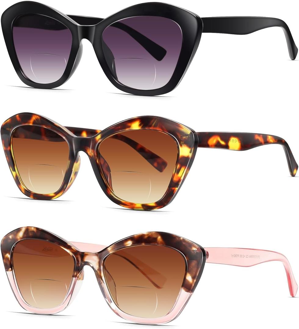 LADEESSE 3 Pack Bifocal Reading Sunglasses for Women Fashion Cateye Sun Readers Outdoor Reading Glasses UV400 +1.50 Protection