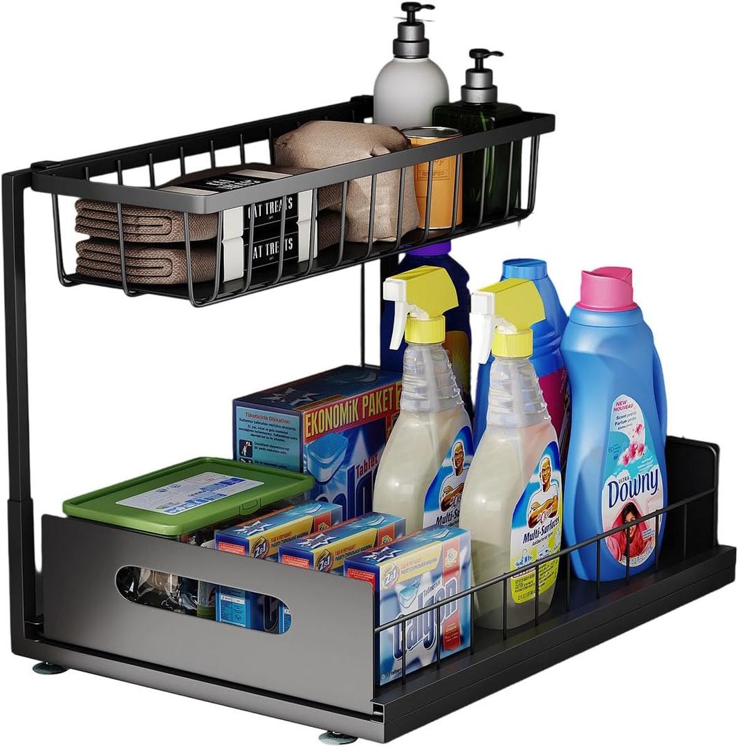 UINOFLE Under Sink Organizer, 2 Tier Pull-Out Cabinet Storage Shelf, Rust-Resistant Metal Organizer for Kitchen Bathroom Laundry Room, No Tools Installation, 1 Pack Black