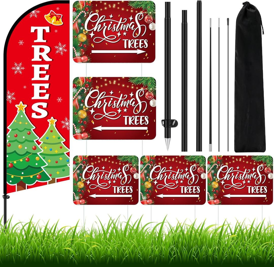 Christmas Tree Feather Flag 7 ft Christmas Swooper Flag Banner with Pole Set 5 Pcs Xmas Double-sided Yard Store Signs 16 x 12 Inch Waterproof Corrugated Plastic Reusable for Outdoor Business