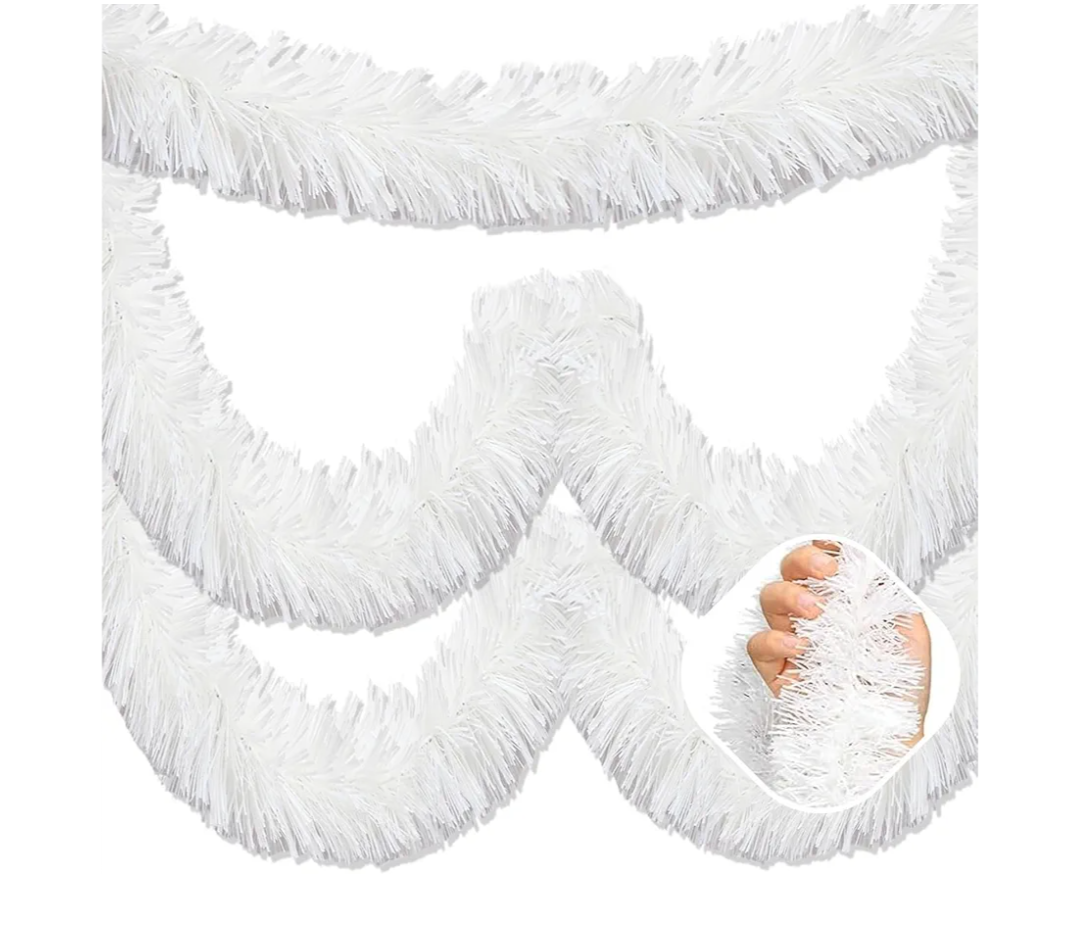 50 Feet Macaron White Christmas Tinsel Garland, Metallic Foil Twist Garland Wall Hanging Tinsel Banner Backdrop for Parade Floats, Easter, Mother's Day, Wedding Party Decorations (2in x 50ft)