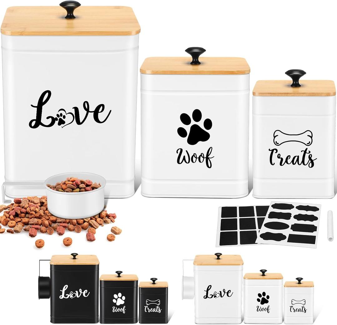 Metal Dog Treat Containers Set of 3 with Bamboo Lids and Spoon Airtight 7+3+2 lbs Dog Food Snack Jars with DIY Labels Big Pet Cookie Storage Jar for Kitchen Counter (Modern, White)
