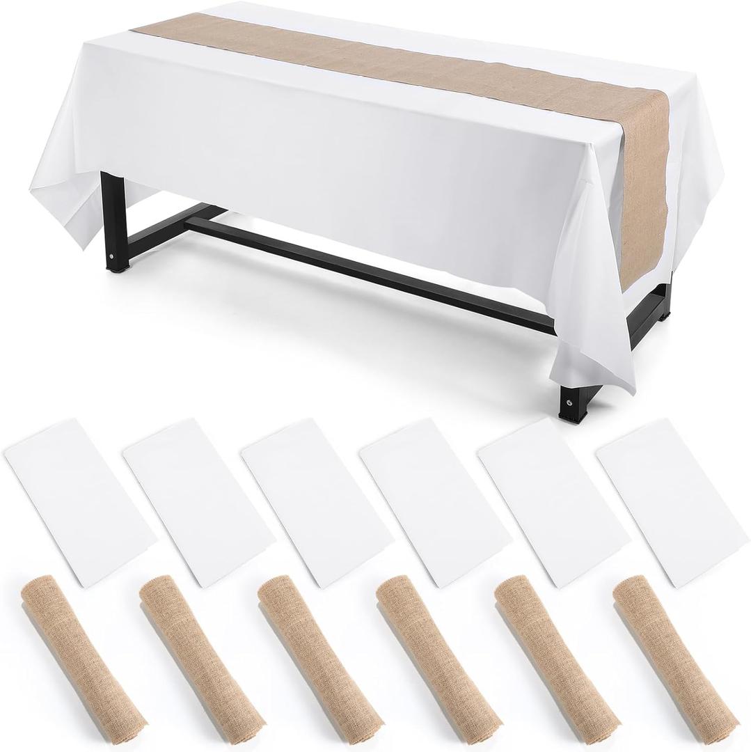 Oudain 12 Pack 12 x 108 Inch Burlap Table Runner with 6 Pack 54 x 108 Inch Plastic Table Cover Rustic Wedding Party Decoration Disposable Plastic Tablecloths for Wedding Graduation Birthday