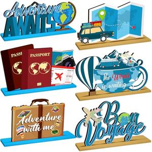 DoubleFill 6 Pcs Travel Themed Wooden Centerpieces Table Toppers Adventure Awaits Party Decor Travel Around The World Bon Voyage Table Decor Photo Props for Let The Adventure Begin Going Away Party
