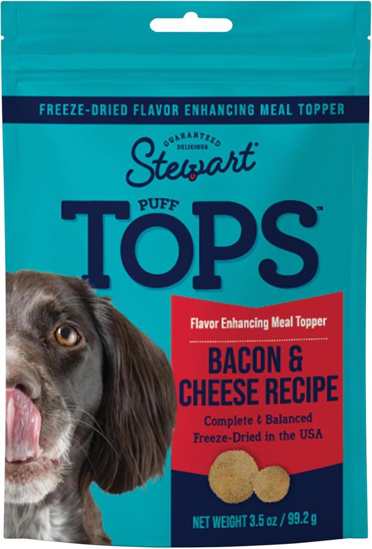 Stewart Freeze Dried Dog Food Topper, PuffTops, Bacon & Cheese, 3.5 Ounce Resealable Pouch, Flavor Enhancing Meal Topper or Dog Treat, Made in USA (EXP 04/04/26)
