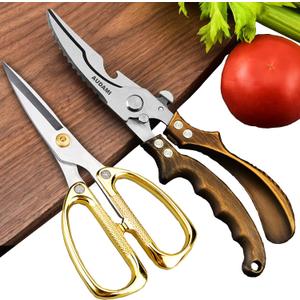 Premium Kitchen Shears 2-Pack Heavy Duty Poultry & Meat Scissors, Bone Shears for Cooking (Bronze+golden)