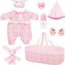 8 Pcs Baby Doll Clothes & Accessories Set with Bassinet for 17" - 22" Reborn Dolls