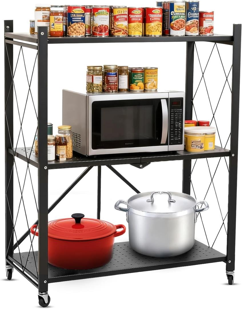 3 Tier Foldable Storage Shelf with Wheels, Heavy Duty Collapsible Metal Shelf Rack Folding Bookshelf, No Assembly Rolling Cart for Kitchen, Pantry, Closet, Office, Bathroom, Garage Organizer, Black