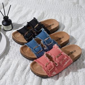 Roxoni Women's Comfort Flat Sandals Double Buckle Adjustable Straps Flat Slides Footbed Suede (Blue, 6)